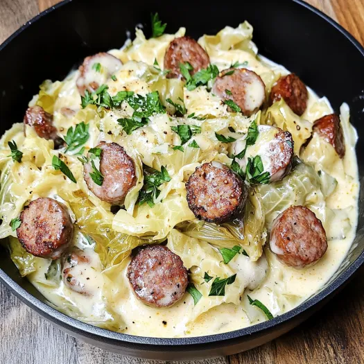 Uma tigela com comida, linguiça e verduras.