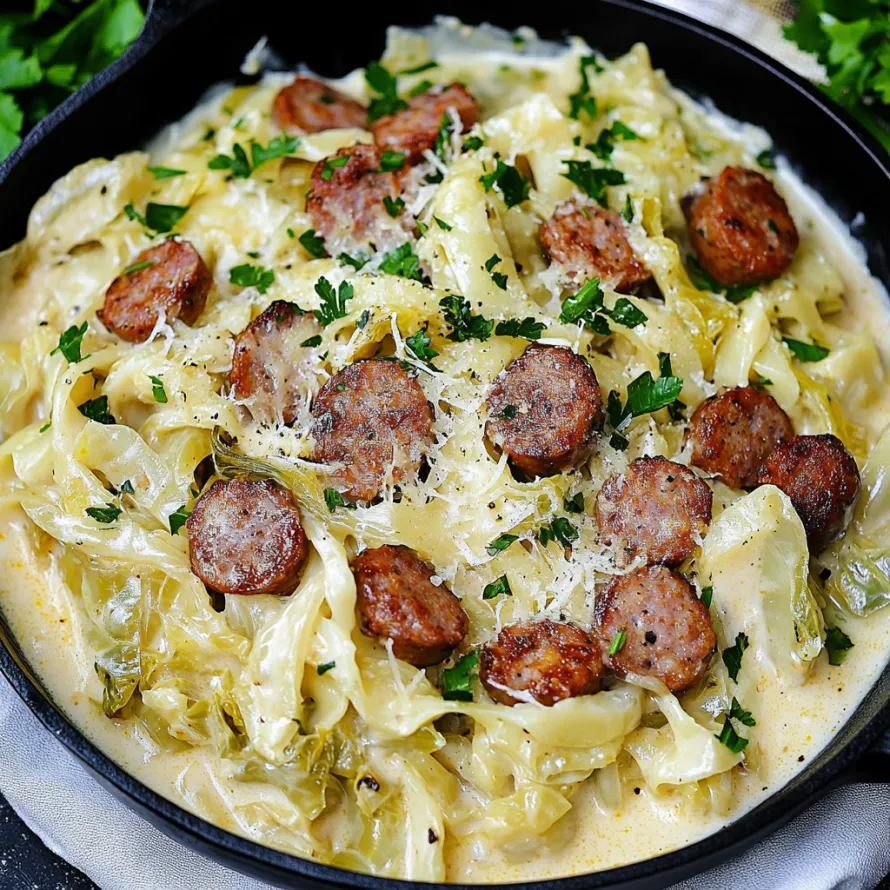 Uma tigela de massa com linguiça e queijo.