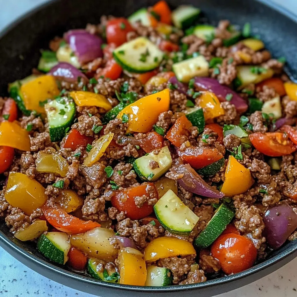 Uma tigela com comida contendo carne, tomates e curgete.
