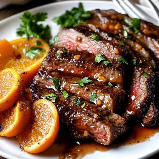Um prato de bife com fatias de laranja.