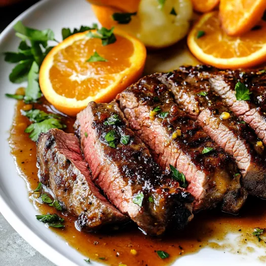 Um prato com bife e laranjas.