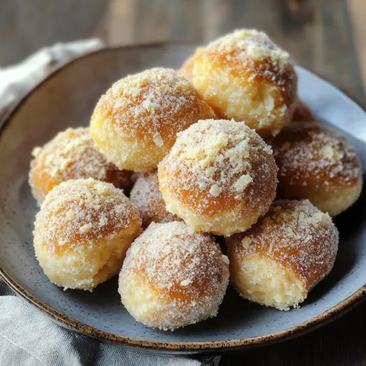 Um prato de bolinhos polvilhados com açúcar.