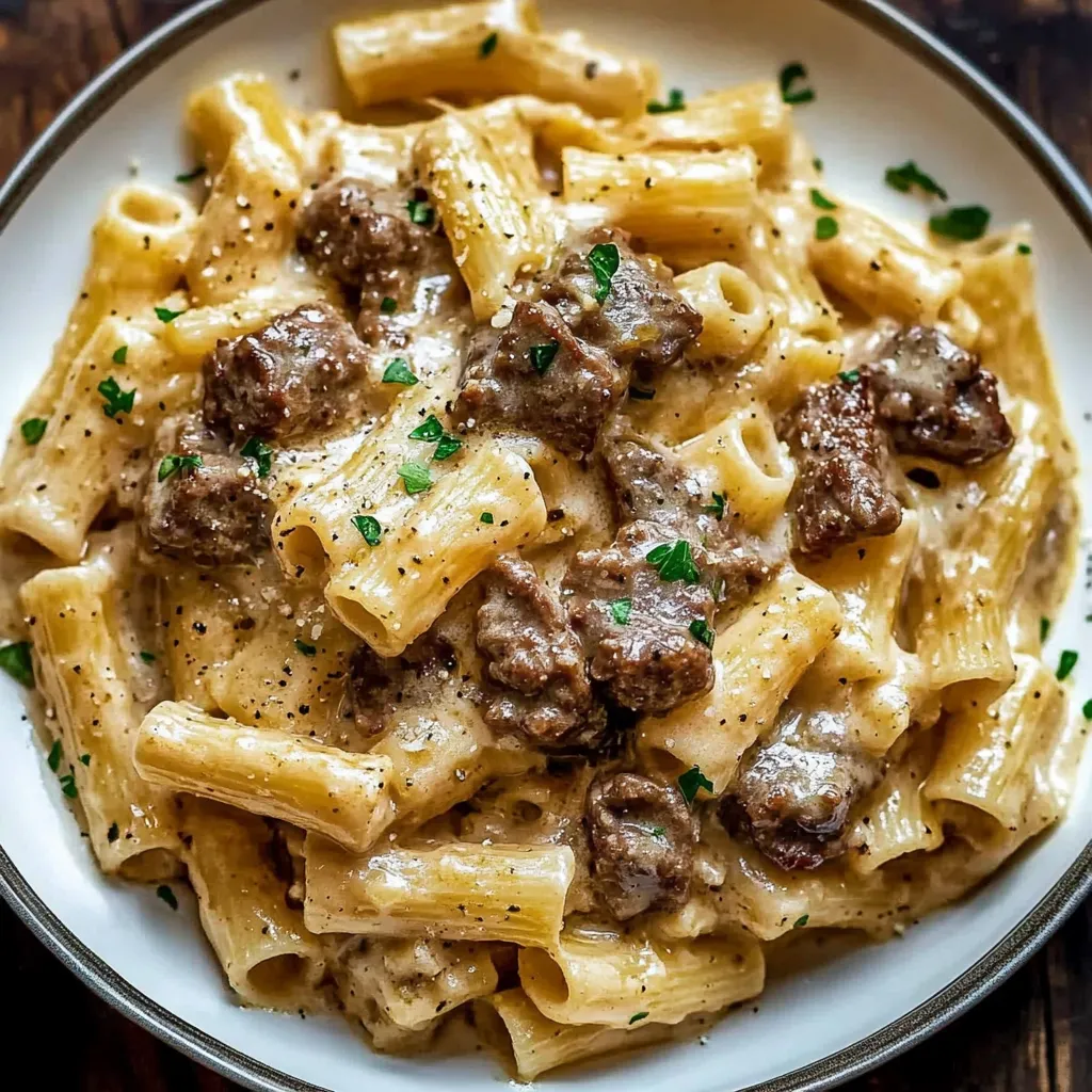 Massa com Carne em Molho Cremoso de Alho