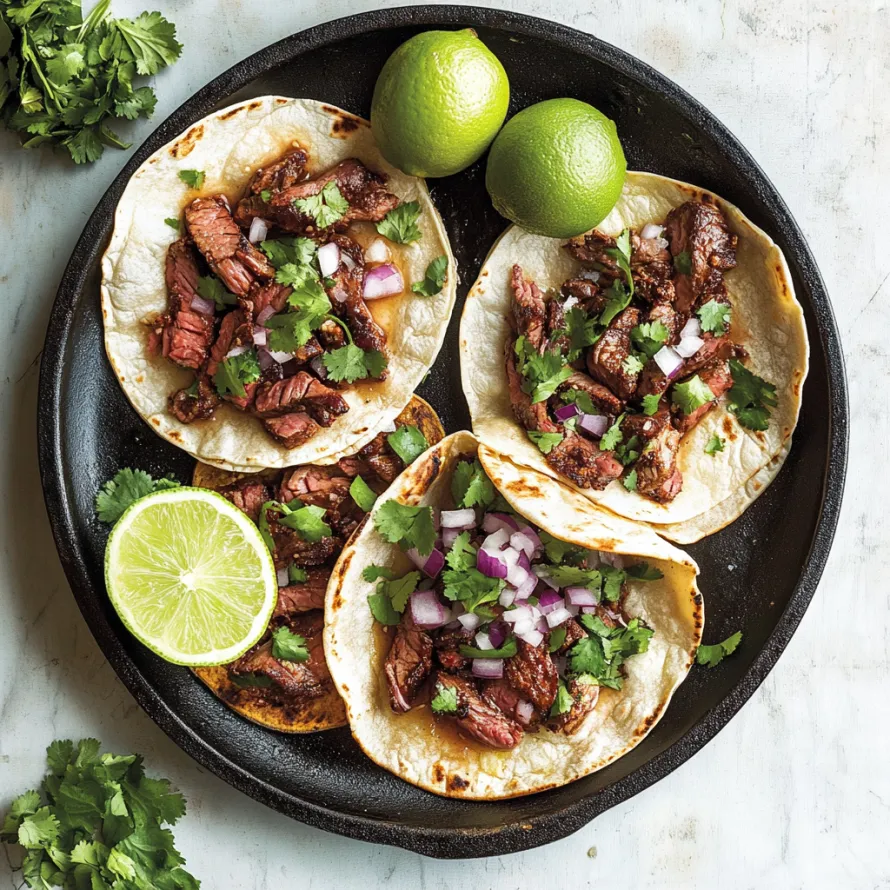 Um prato de tacos com carne e limões.