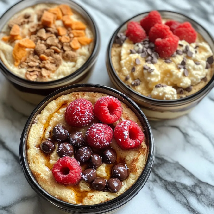 Três sobremesas com coberturas de frutas.