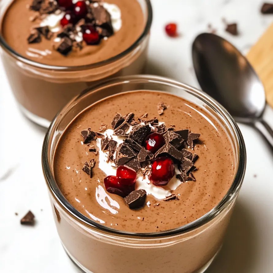 Duas sobremesas de chocolate com gotas de chocolate e frutas vermelhas.
