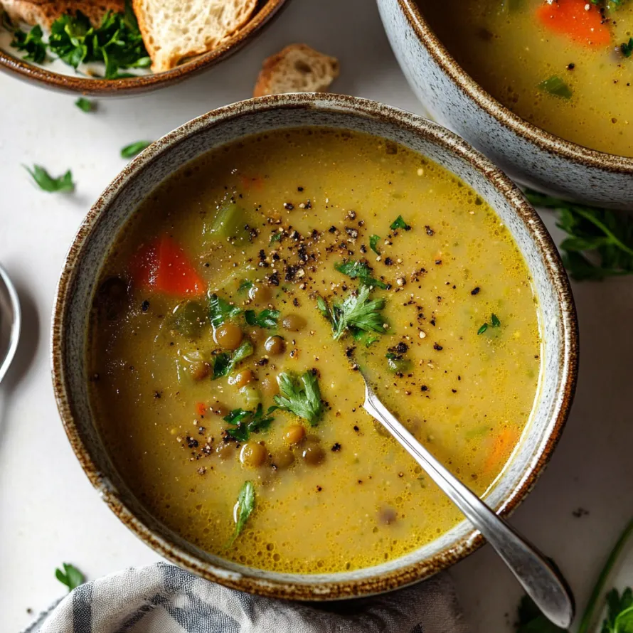 Uma tigela de sopa com uma colher dentro.