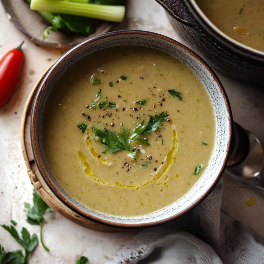 Uma tigela de sopa com uma colher dentro.