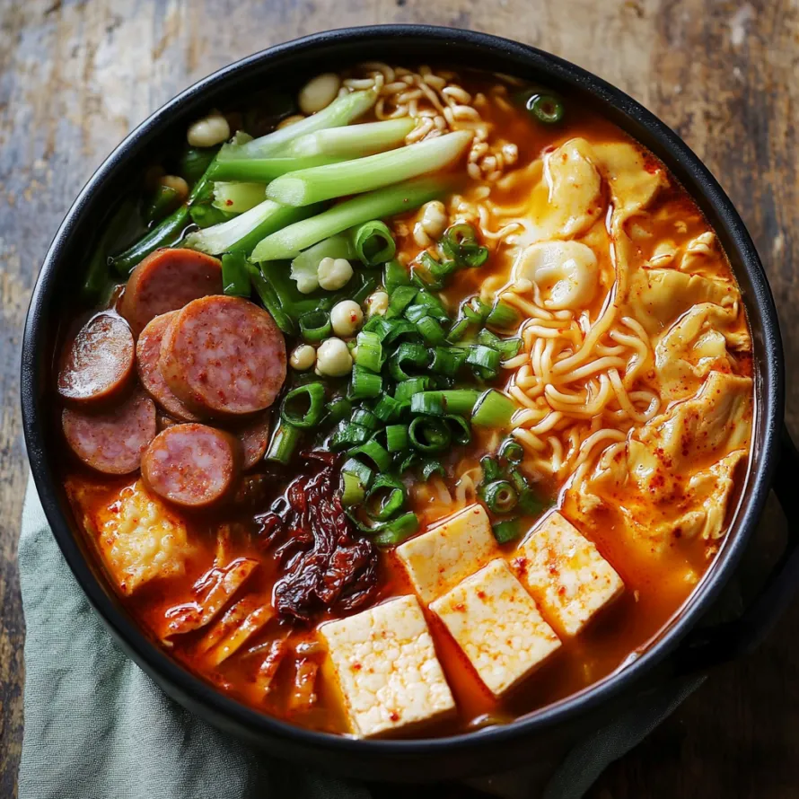 Uma tigela de sopa com macarrão, tofu e vegetais.