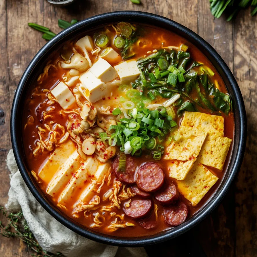 Uma tigela de sopa com massa, carne e legumes.
