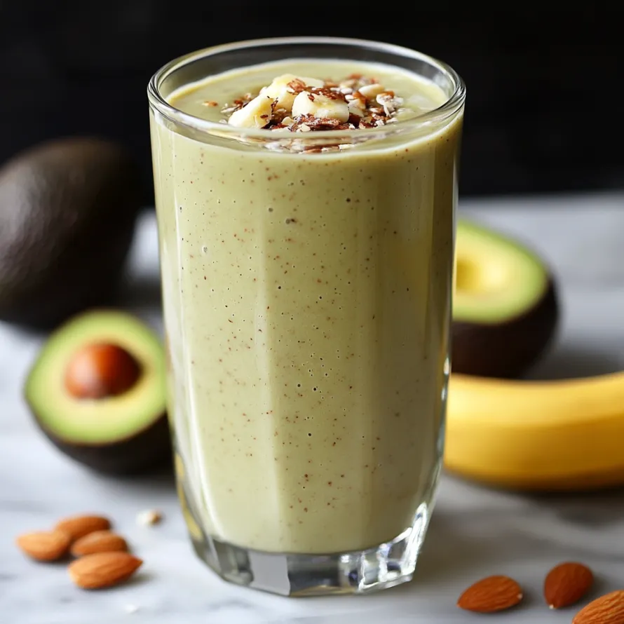 Um copo de smoothie verde com banana e abacate.