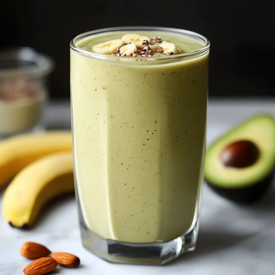 Um copo de batido verde com rodelas de banana e amêndoas.
