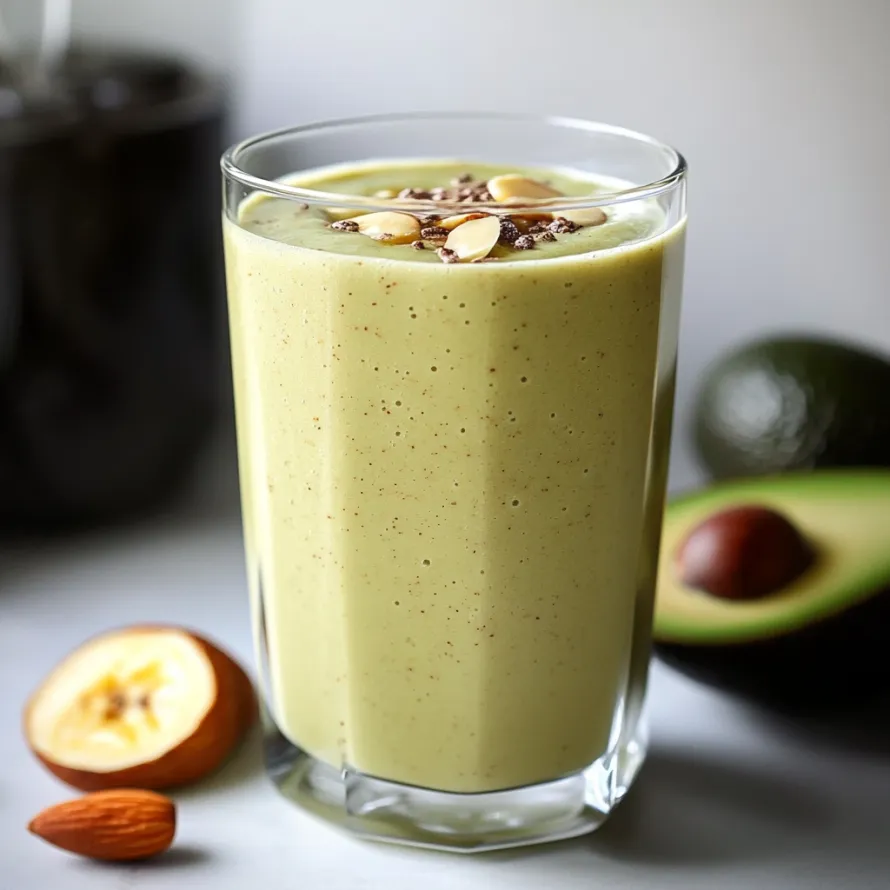Um copo de batido verde com amêndoas e abacate.