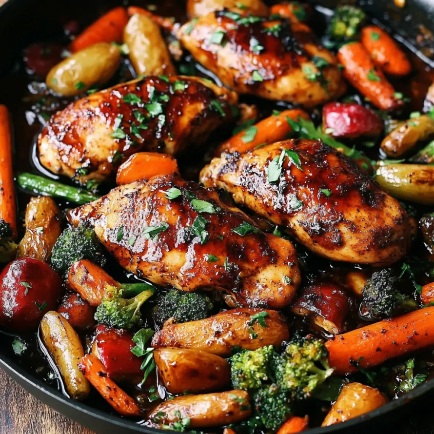Uma assadeira com frango e legumes variados.