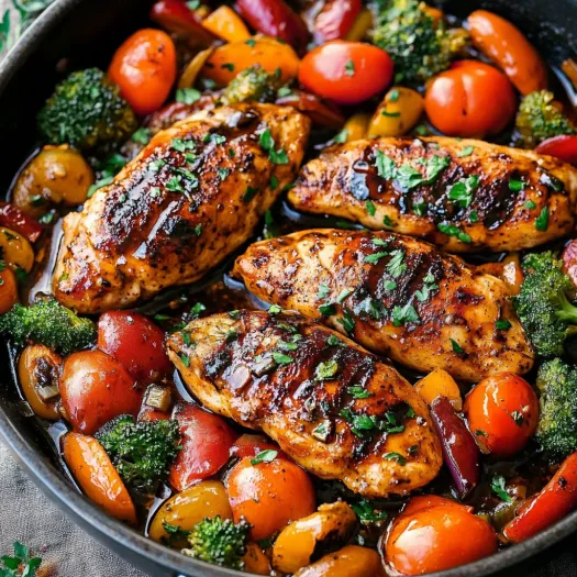 Uma assadeira com frango e legumes.