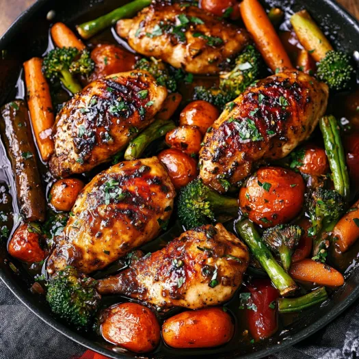 Uma assadeira com frango e legumes.