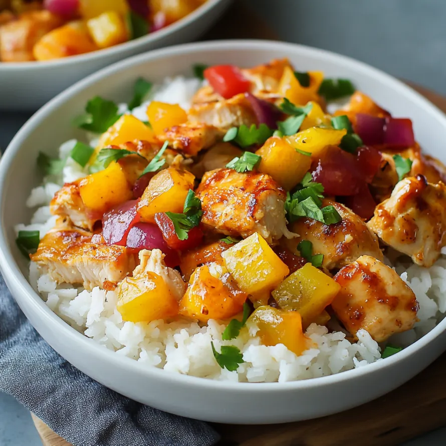 Uma taça de arroz com frango e legumes.