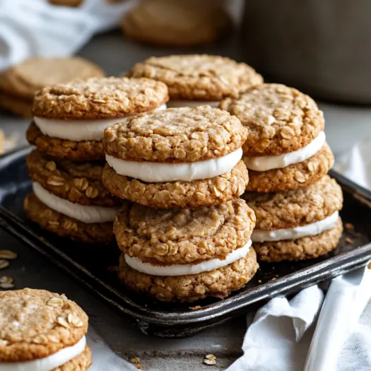 Uma pilha de biscoitos com recheio branco.