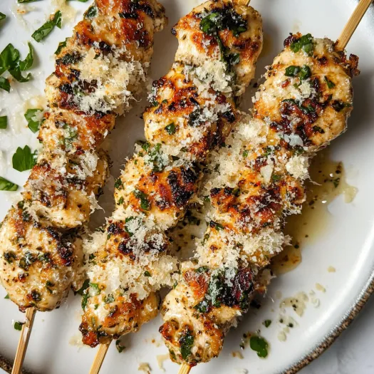 Um prato de espetinhos de frango com queijo e ervas.