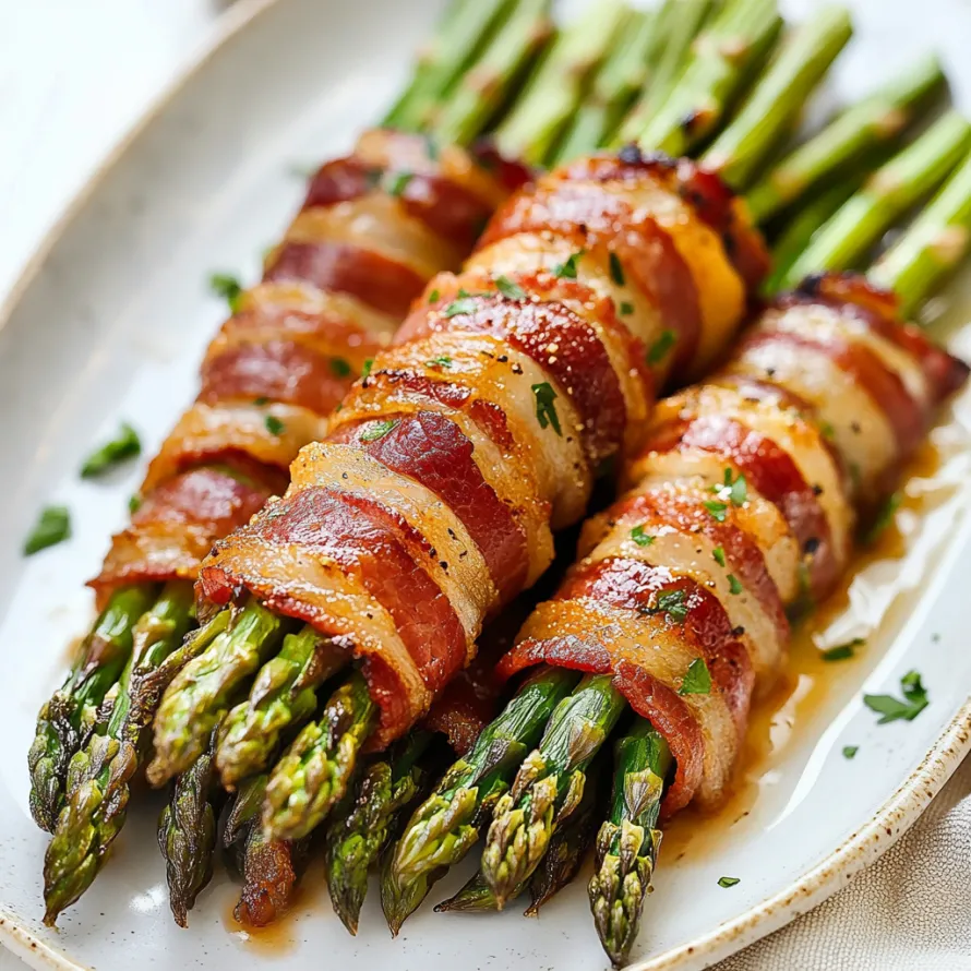 Bacon wrapped asparagus on a plate.