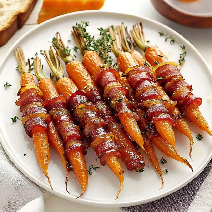 A plate of food with bacon wrapped carrots.