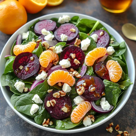 Uma tigela de salada com laranjas, espinafres e queijo feta.
