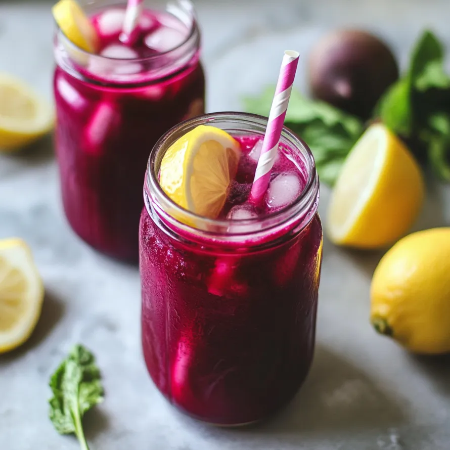 Two glasses of red juice with lemon slices in them.