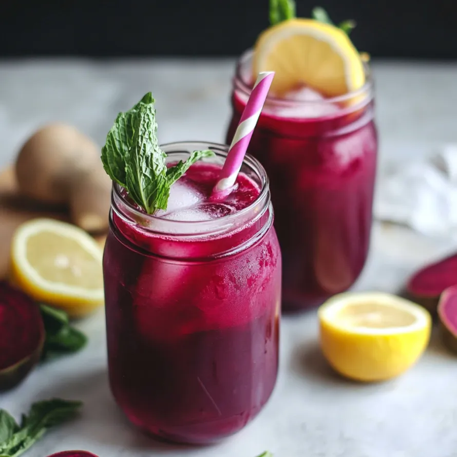 Dois copos de suco vermelho com fatias de limão neles.