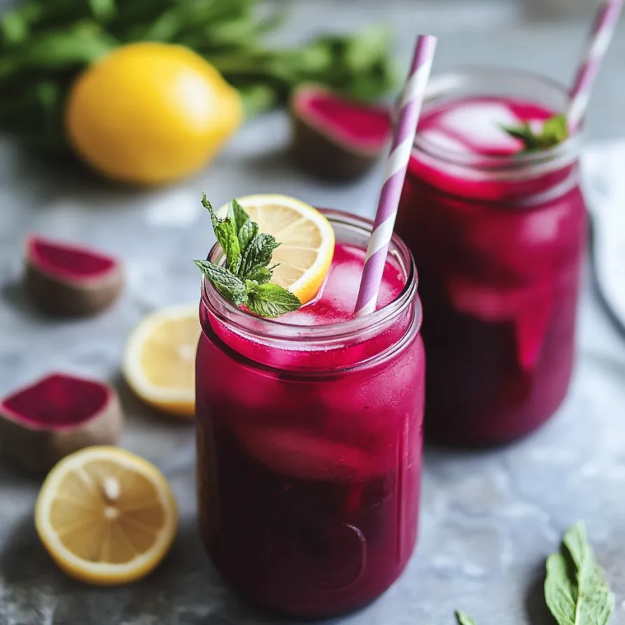 Dois copos de suco vermelho com fatias de limão neles.