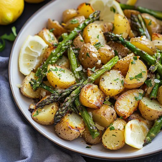 Um prato com batatas, aspargos e limão.