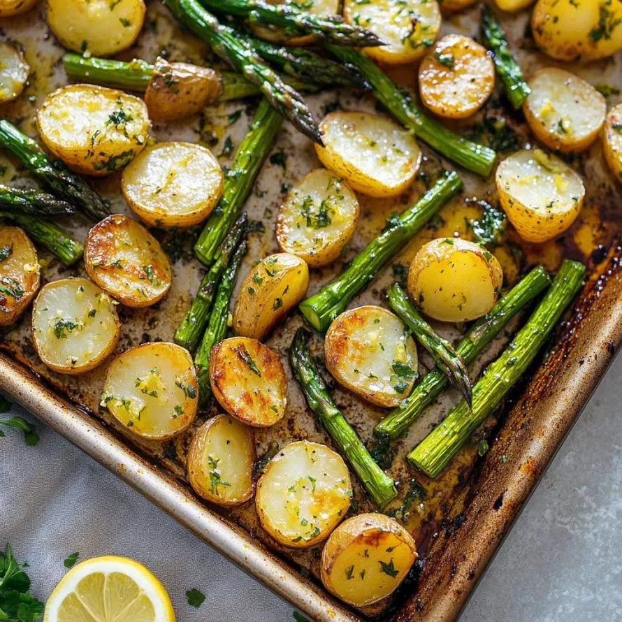 Um tabuleiro com batatas, espargos e limão.