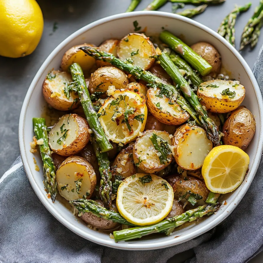 Uma tigela com batatas, espargos e limão.