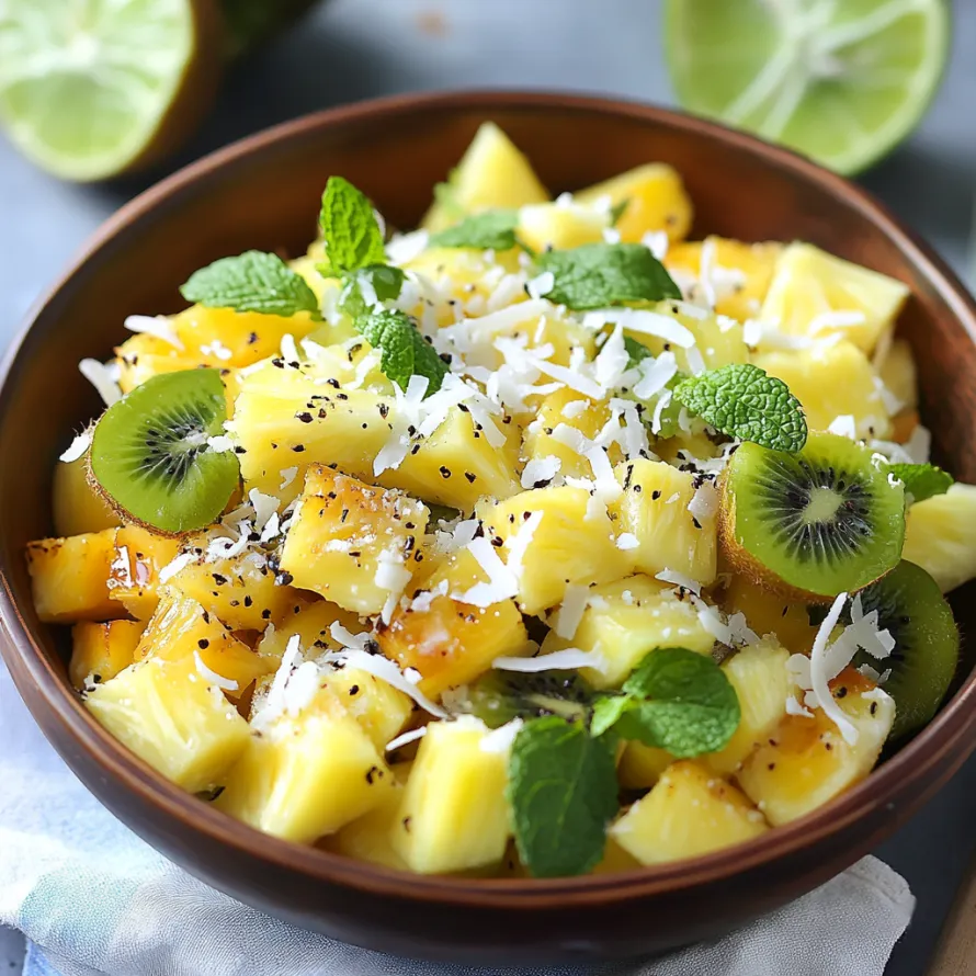 A bowl of fruit with coconut and mint.