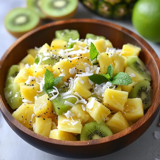 Uma taça de fruta com ananás, kiwi e lima.