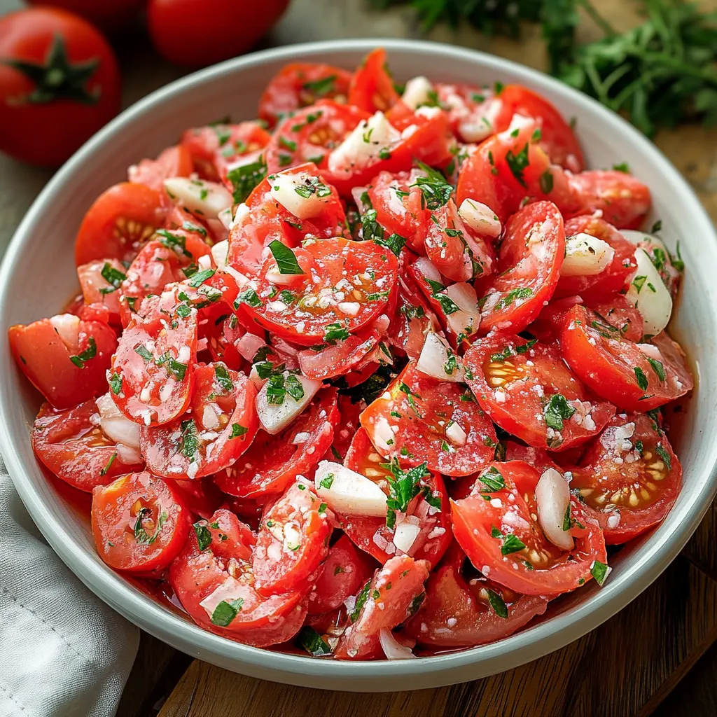 Uma taça de tomates fatiados com cebolas e queijo.