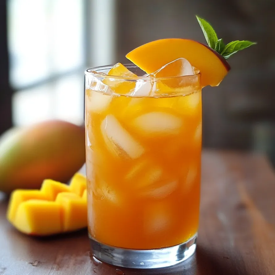 Um copo de suco laranja com uma fatia de abacaxi em cima.