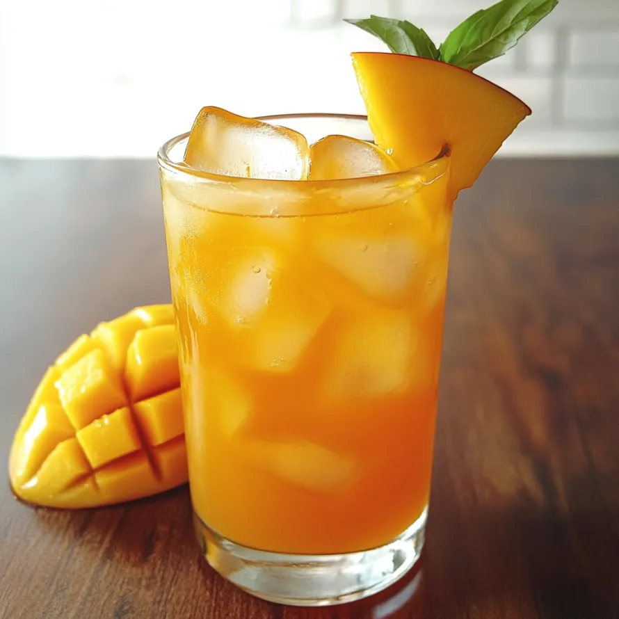 Um copo de sumo laranja com uma fatia de manga por cima.