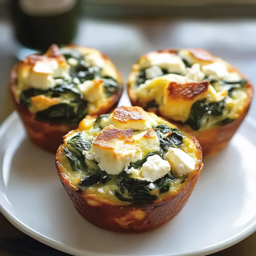 Três pequenos muffins com espinafre e queijo.