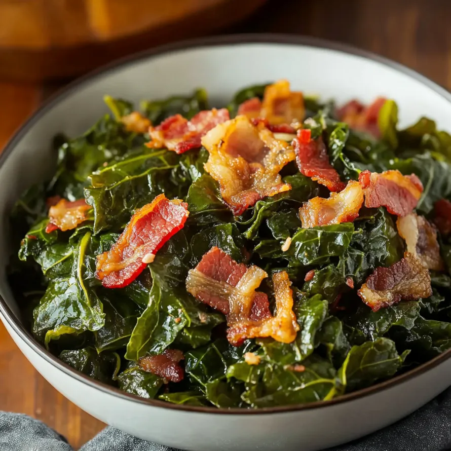 A bowl of bacon and greens.