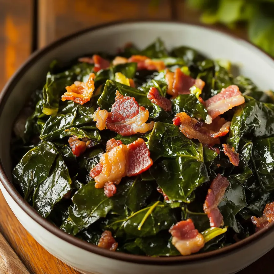 Uma tigela com bacon e couve.