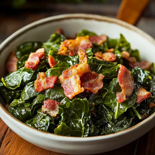 Uma tigela com bacon e couve.