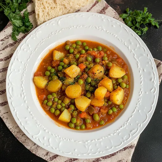 Uma tigela de sopa com ervilhas e batatas.