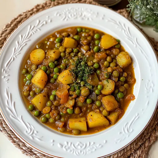 Uma tigela de sopa com ervilhas e batatas.
