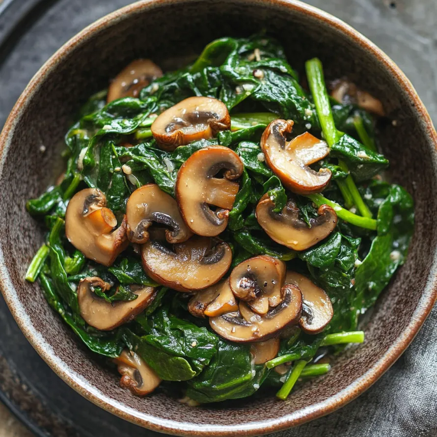 Uma tigela de cogumelos e verduras salteados.