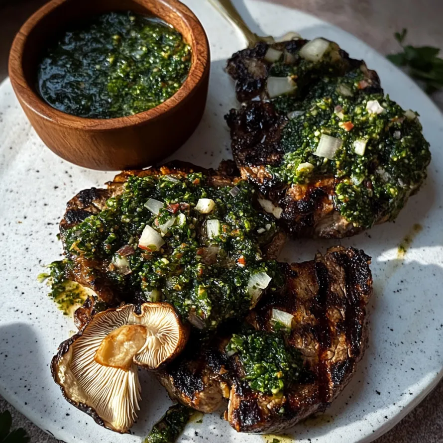 Um prato com bifes de cogumelo e molho ao lado.