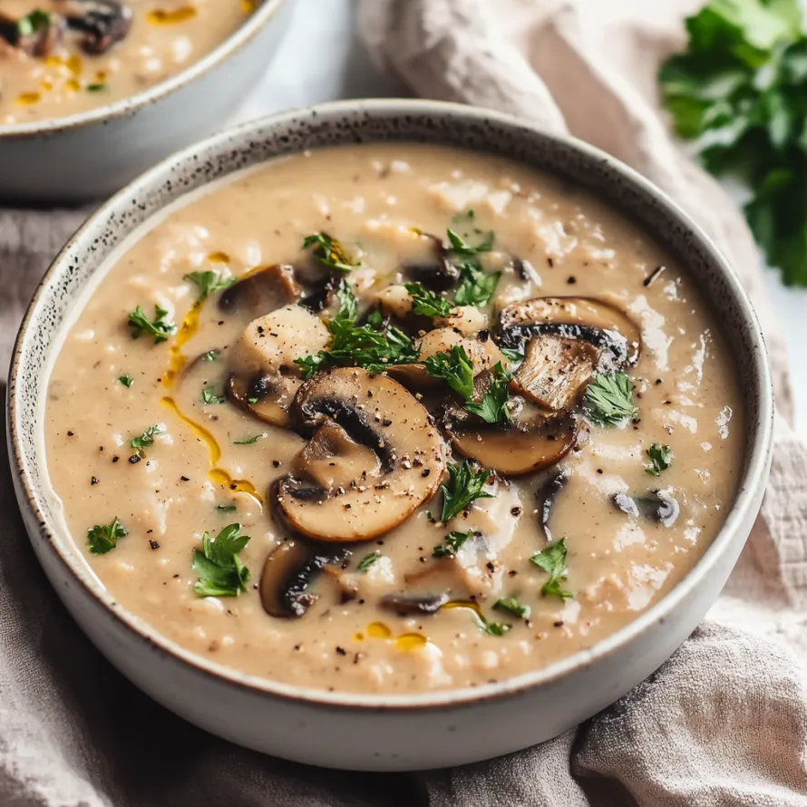 Uma tigela de sopa com cogumelos e ervas.