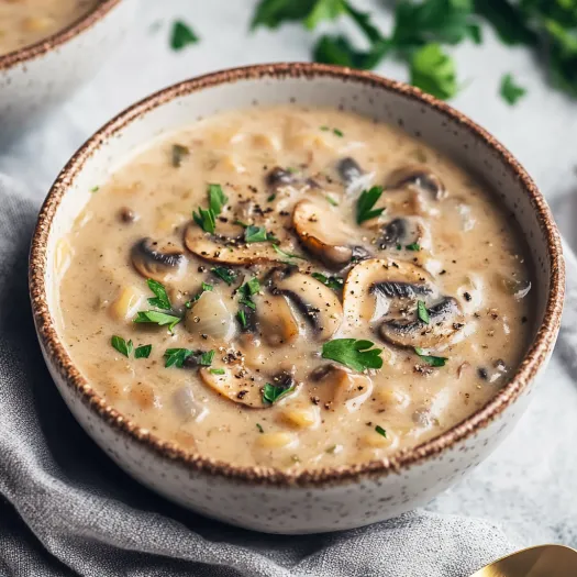 Uma tigela de sopa com cogumelos e ervas.