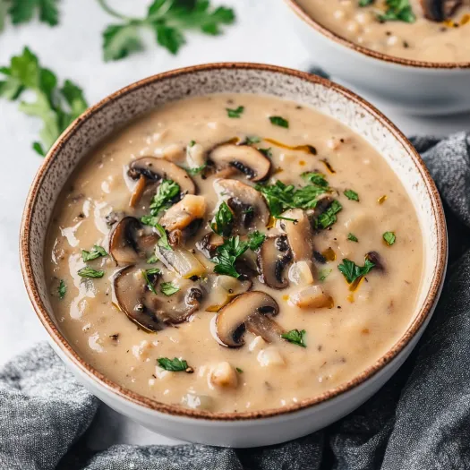 Uma tigela de sopa com cogumelos e ervas.