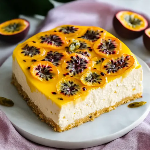Uma fatia de bolo com fruta por cima.