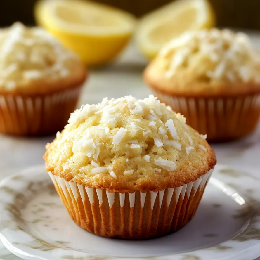 Três muffins com coco num prato.